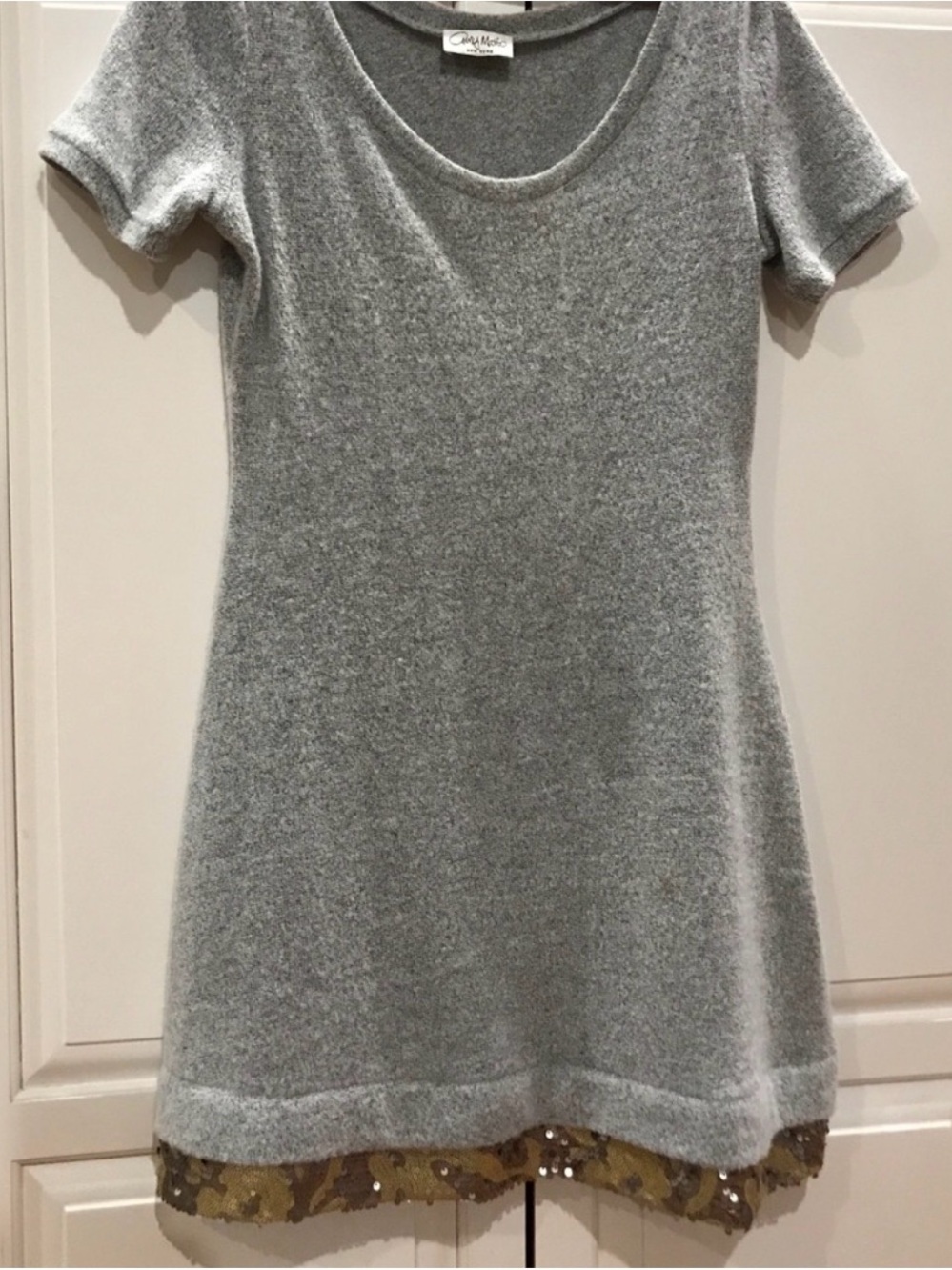 Anthropologie Gray Short Sleeve Knit Dress with Gold Sequin Hem